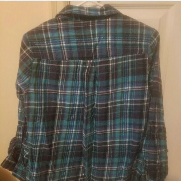 Erika Blue and Silver Plaid Button Up Cotton Flannel Women's Size Small - Picture 2 of 7